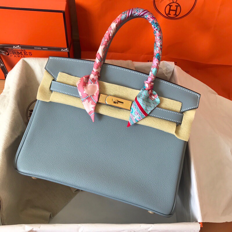 Hermes Birkin 30CM Togo Leather Handbag Blue Glacier